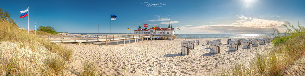 Strand und Seebrücke von Ahlbeck , Insel Usedom , Mecklenburg Vorpommern