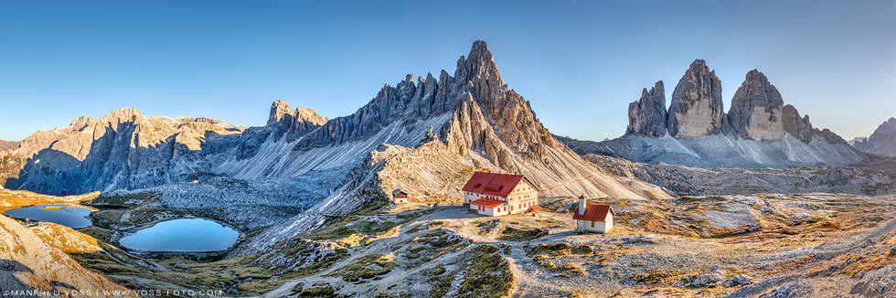 Drei Zinnen Panorama, in den Dolomiten in Italien in Südtorol. Panoramabild.